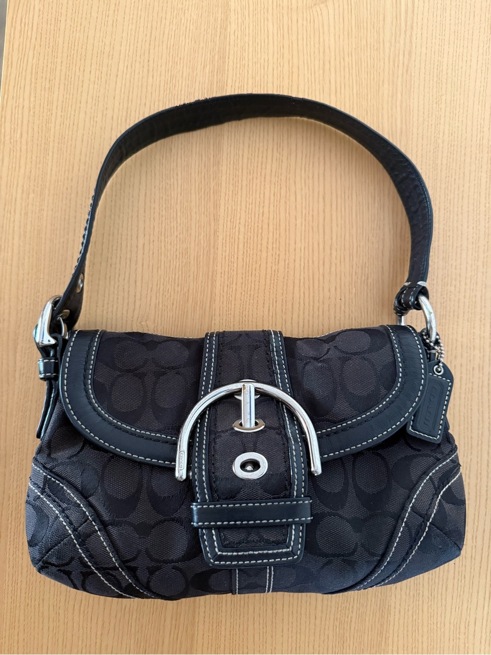 VTG Coach 10296 Soho Buckle Flap Black Signature Canvas Leather Shoulder Bag Y2K